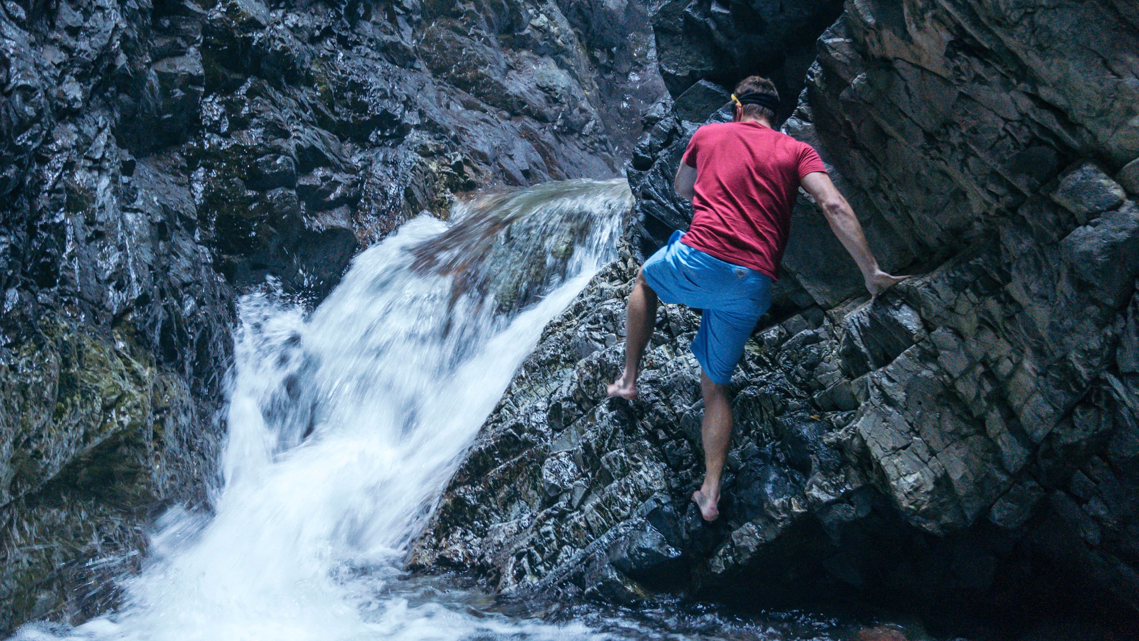 Inside the cave.  Feet frozen.