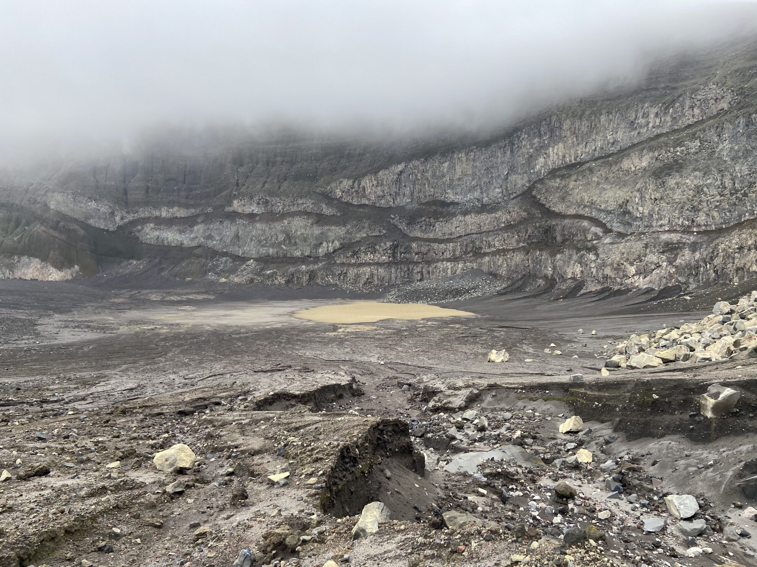 Sulfur and mud lake in the crater